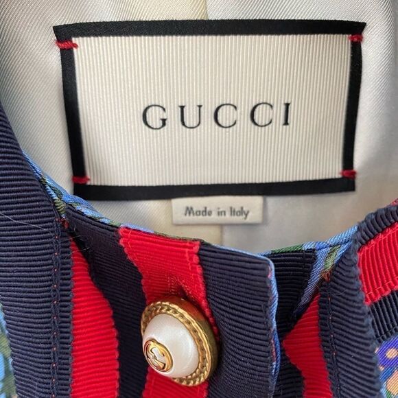 Gucci Blue Flora Ruffled Silk Blouse Jacket Navy Red Web Trim & GG Buttons SZ S - Picture 6 of 8